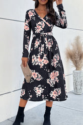 Floral Belted Long Sleeve Surplice Midi Dress